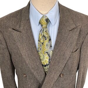 Cellini Blazer Mens 48L Brown Gray Double Breasted Herringbone Tweed Jacket